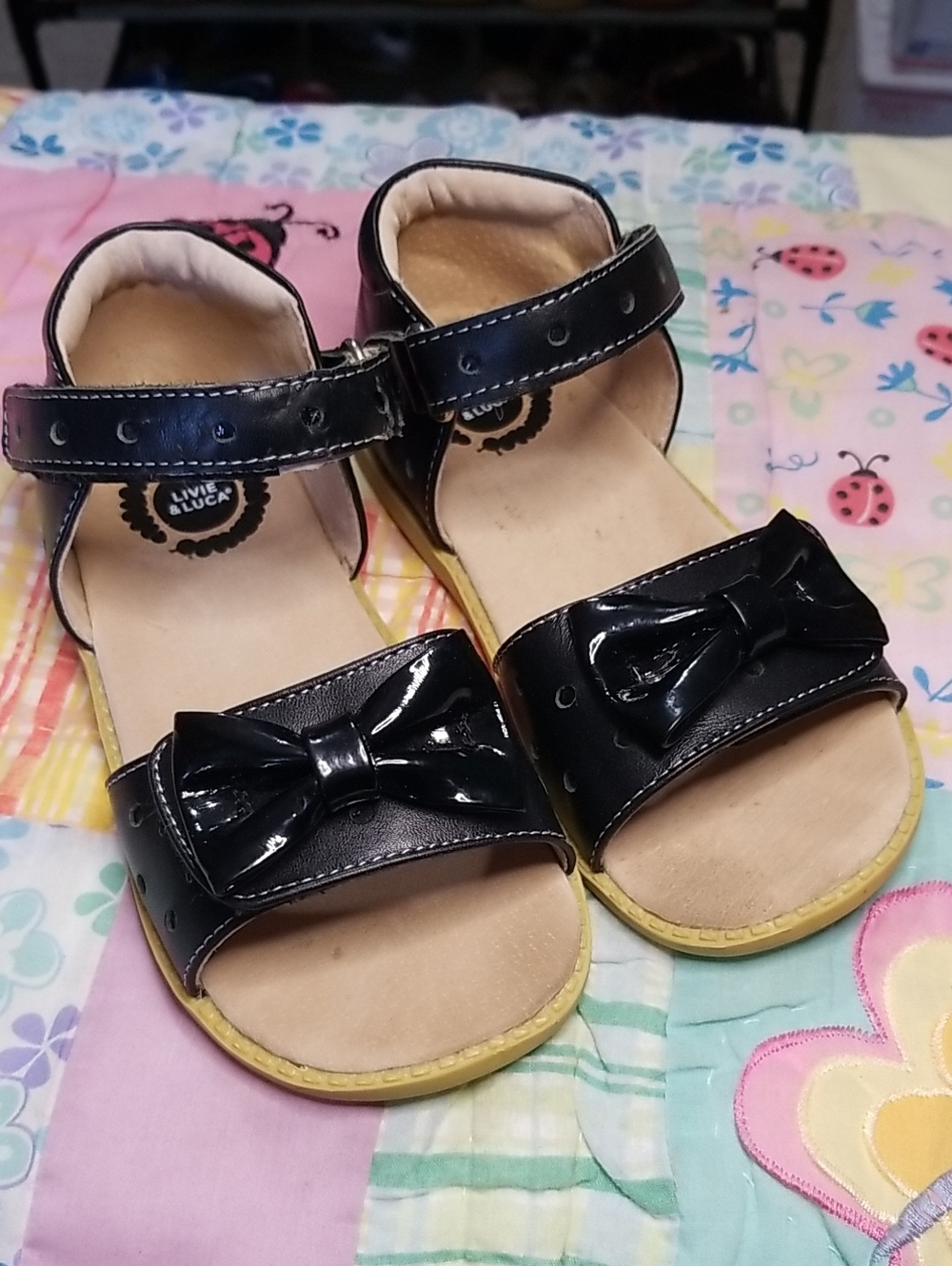Livie & Luca Black Leather Adjustable Minnie sandals W/Patent Bows HTF Size 13